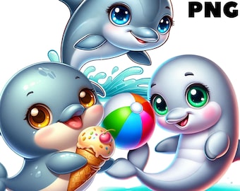 Clipart bébé dauphin, dauphin mignon PNG, art bébé océan et graphiques de la vie marine, stickers déco chambre d'enfant, téléchargement numérique, usage Commercial