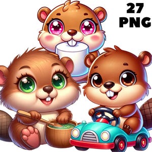 Bébé castor Clipart PNG - 27 castors de dessin animé mignon avec de grandes dents et des queues, ensemble d'animaux de la forêt pour l'art de la chambre d'enfant, téléchargement immédiat