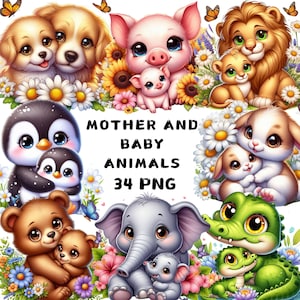 Mère et bébé animaux clipart, clipart animaux, fête des mères png, mignons bébés animaux, illustrations, téléchargement immédiat pour usage commercial