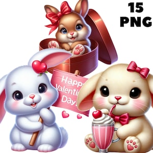 Conejito de San Valentín PNG: 15 adorables conejitos con corazones, globos, cartas de amor y flores para manualidades románticas, tarjetas y descarga instantánea.