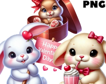 Valentine Bunny Clipart, süße Kaninchen mit Herzen Luftballons Blumen PNG, Liebeskarten Aufkleber und Kunsthandwerk, druckbare Kunst, kommerzielle Nutzung