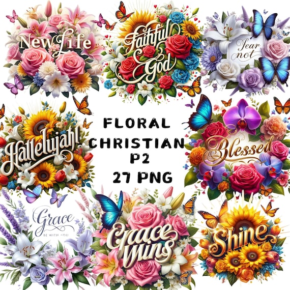 Floral Christian Clipart, Faith and Bible Verse PNG, Religious Quote Graphics, Church Crafts and Cards, Printable Designs, Commercial Use