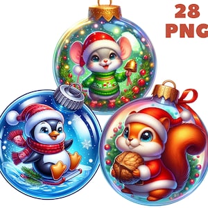 28 PNG Glas Ornamente mit Tieren Clipart, Weihnachtsdekoration, Weihnachtstiere, Illustration Sofortiger Download für kommerzielle Nutzung