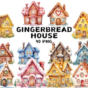May include: Nine watercolor illustrations of gingerbread houses with various designs and colors. The houses are decorated with candy, frosting, and other festive details. The text "Gingerbread House 90 PNG" is written below the houses.