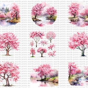 May include: A digital collage of watercolor illustrations featuring pink cherry blossom trees in various settings. Some trees are isolated, while others are depicted in a landscape with a bridge, a pagoda, and a river.