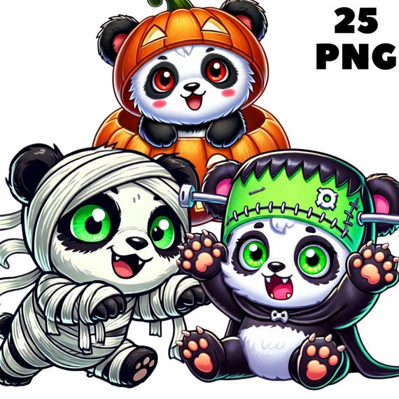 Halloween Panda Clipart, Cute Spooky Pandas PNG Bundle, Ghosts Pumpkins and Candy Graphics, Nursery Decor and Stickers, Commercial Use