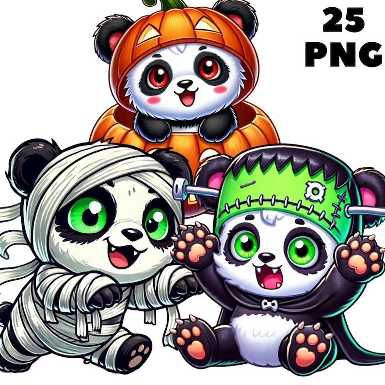 May include: Three cartoon panda bears dressed in Halloween costumes. One panda is wearing a pumpkin costume, another is a mummy, and the third is a Frankenstein monster.