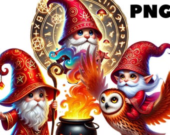Red Wizard Gnome Clipart PNG, Magical Fantasy Gnome Illustrations, Whimsical Wizard Gnomes for Halloween or Fairytale Crafts, Commercial Use