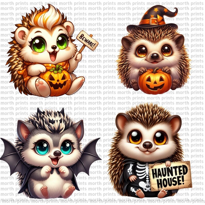 Peut inclure: Quatre illustrations num&eacute;riques de h&eacute;rissons habill&eacute;s en costumes d'Halloween. Le premier h&eacute;risson porte un costume de citrouille et tient un panneau qui dit "Attention !". Le deuxi&egrave;me h&eacute;risson porte un chapeau de sorci&egrave;re et tient une citrouille sculpt&eacute;e. Le troisi&egrave;me h&eacute;risson porte un costume de vampire avec des ailes de chauve-souris. Le quatri&egrave;me h&eacute;risson porte un costume de squelette et tient un panneau qui dit "Maison hant&eacute;e !"