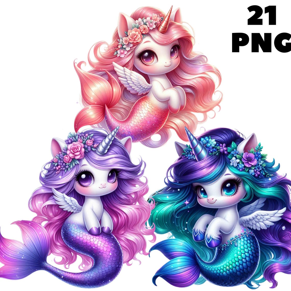 Unicorn Mermaid Clipart, Rainbow Watercolor PNG Set, Kawaii Fantasy ...