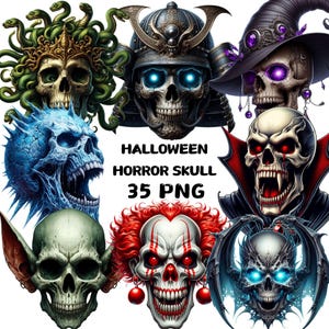 Pode incluir: Uma coleção de ilustrações digitais de caveiras com tema de Halloween. A imagem apresenta vários designs de caveiras, incluindo uma caveira Medusa, uma caveira samurai e uma caveira de bruxa. O texto "HALLOWEEN HORROR SKULL 35 PNG" também está incluído.