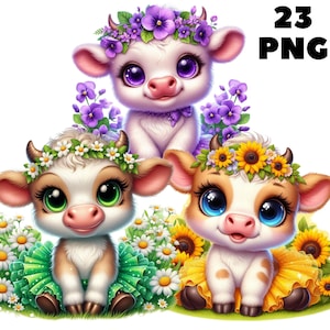 23 PNG, Watercolor Floral Highland Cows Clipart, Spring Flowers Clipart, Baby Animal, Baby Cow Clipart, Cute highland cow, Commercial Use