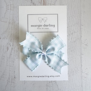 Blue gingham with pompom trim  5” hair bow, newborn headband, hair bow for girls, toddler bows, ribbon bow