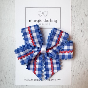 Blue gingham with red ricrac 5” hair bow, Fourth of July, newborn headband, hair bow for girls, toddler bows, ribbon bow