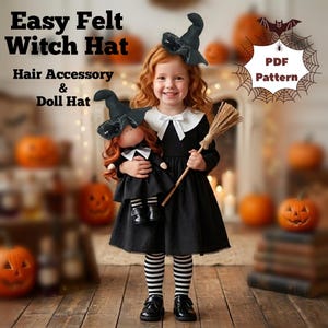 Puede incluir: Un sombrero de bruja de fieltro negro para el cabello y muñecas, con un diseño de telaraña blanca. El texto dice: Easy Felt Witch Hat, Hair Accessory & Doll Hat, PDF Pattern. El sombrero se muestra en una muñeca y accesorio.