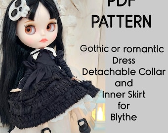 Blythe Doll Gothic Dress 3 Piece Set PDF Pattern: Detachable Collar, Inner Skirt (Video Tutorial Included)