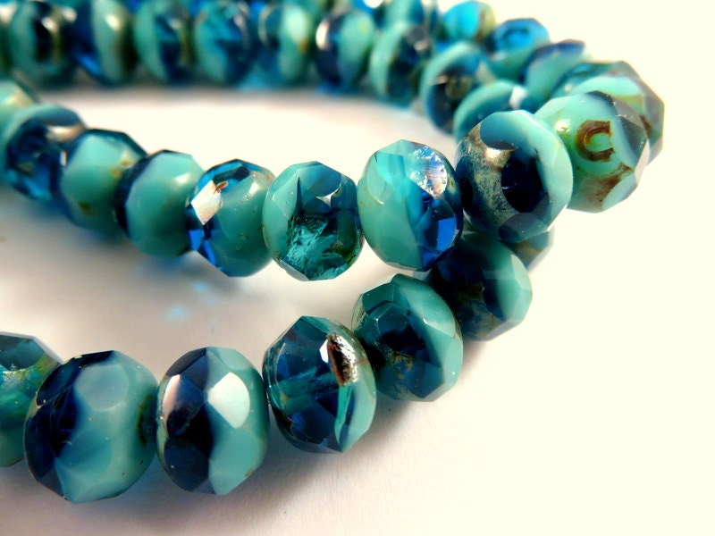 Czech Beads Cobalt and Emerald Picasso Beads Dark Blue and Green Glass Beads Qty 12 R8RJ-0363 8x6mm Rondelle Czech Glass Beads