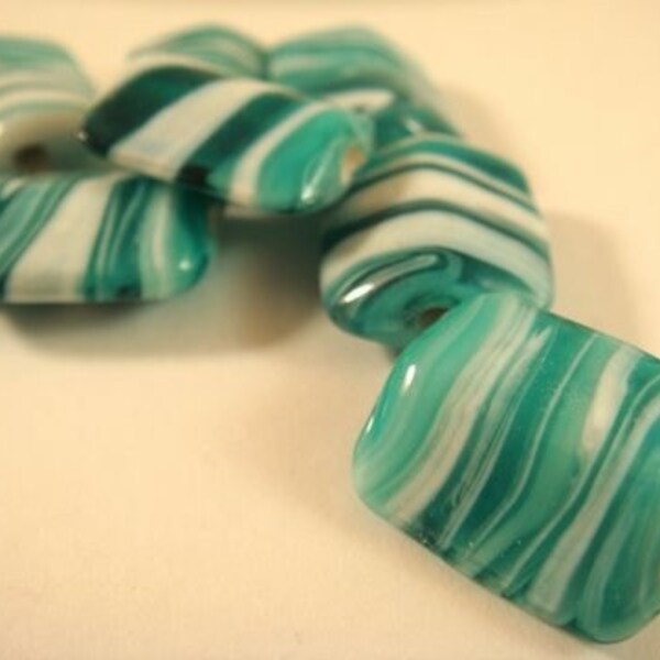 4810 Lampwork Bead Glass Turquoise Blue White Rectangle - 8 pc