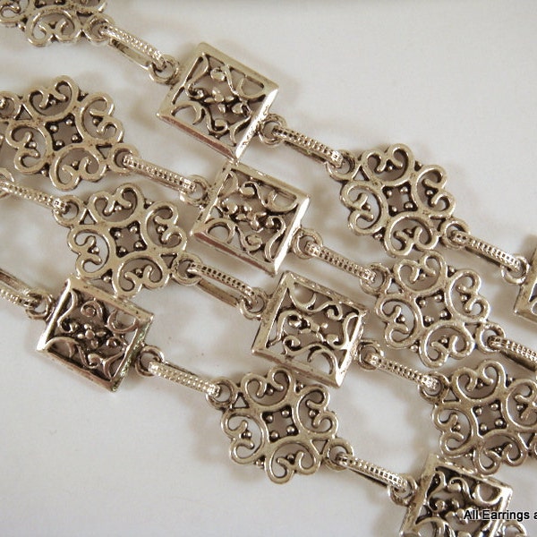 38in Handmade Flower Chain Designer Chain Antique Silver Flowers and Squares Textured Chain Not Soldered - 3 ft 2 in - STR9041CH-AS38