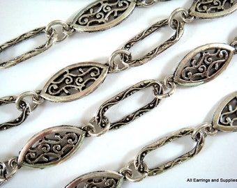 38in Antique Silver Handmade Chain Oval and Marquis Scrolls Textured Chain Not Soldered - 3 ft 2 in - STR9034CH-AS38