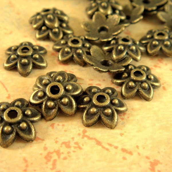 50 Antique Bronze Bead Caps Antique Flower Tibetan Style LF/NF/CF 9mm - 50 pc - F4060BC-AB50
