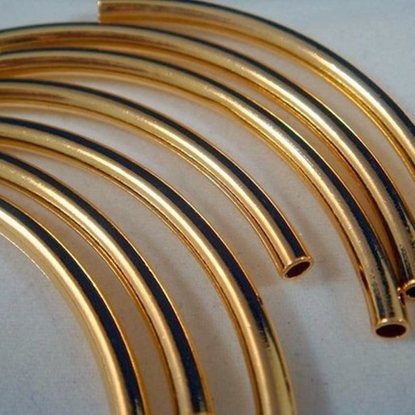 10 Curved Tube Bead Gold Plated Brass 50x3mm (2 inches) 2mm hole - 10 Pc - M7017-G10