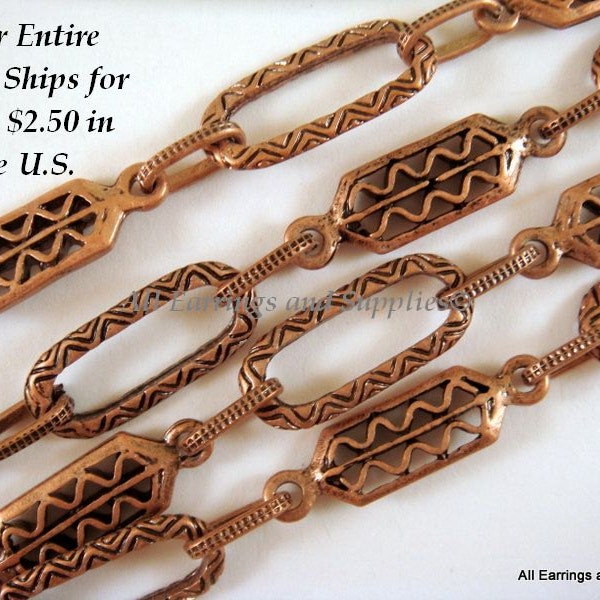 38in Antique Copper Chain Handmade Designer Chain Oval and Rectangles Textured Chain Not Soldered - 3 ft 2 in - STR9051CH-AC38