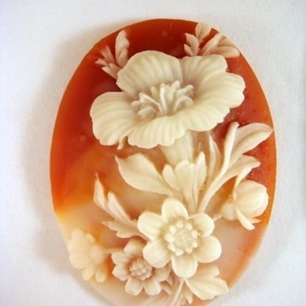 Oval Cameo Cabochon Acrylic White on Peach w Flower - No Holes - 1 pc - 4405