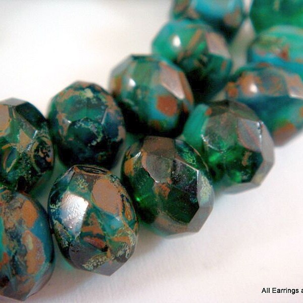 10 Czech Glass Bead Picasso Hunter Green 8x6mm Faceted Abacus Rondelle  - 10 pc - G6041-HGP10-AG