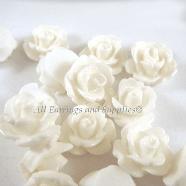 BOGO - 10 White Flower Cabochon Beads Rose Resin 10mm - No Holes - 10 pc - CA2006-W10-AG - Buy 1 pk, get 1 free - No coupon required