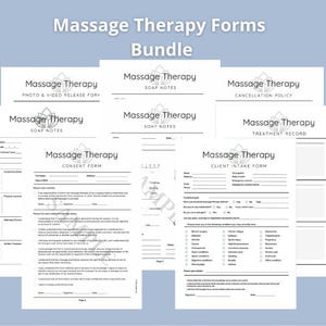 Könnte beinhalten: Ein Satz druckbarer Massagetherapie-Formulare in Schwarzweiß. Die Formulare umfassen ein Foto- und Video-Freigabeformular, Seifennotizen, ein Einverständnisformular, eine Stornierungsrichtlinie, eine Behandlungsaufzeichnung und ein Kundenaufnahmeformular.