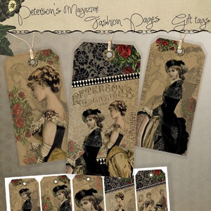 Digital Download Printable Fashion Collage Sheet Gift Tag Set - Peterson's Fashions January 1883, jpg, pdf or png