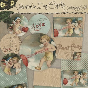 Puede incluir: Un kit de scrapbooking digital con imágenes vintage de cupidos, corazones y las palabras "Love" y "Post Card". Las imágenes están en un estilo de collage con un esquema de color azul claro, rojo y blanco.