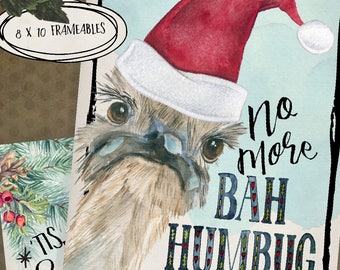 Bah Humbug Ostrich Instant Download Holiday Digital Printable  Christmastime Set - Wall art Stickers Tags, Note cards Stationery Lockscreen