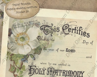 Afdrukbare huwelijksakte Huwelijksakte Instant Download nr. 20 Vintage bruiloft digitale download DIY huwelijksgeschenk traditioneel