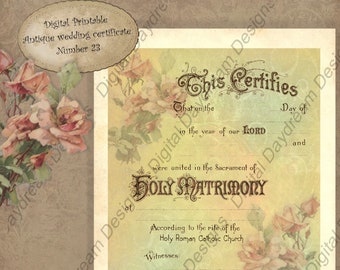 Wedding Certificate Marriage Certificate Printable  Instant Download No 23 Vintage Wedding DIY Wedding Gift Shower Gift Roman Catholic