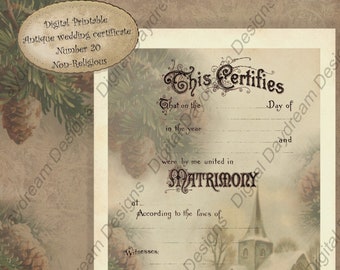 Printable Wedding Certificate Marriage Certificate No 19 Winter Wedding Vintage Wedding Pine  Digital  Download Wedding Gift Non-Religious