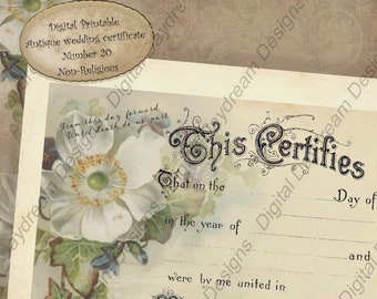 Printable Wedding Certificate Marriage Certificate Instant Download No 20 Vintage Wedding Digital Download DIY Wedding Gift Non-Religious