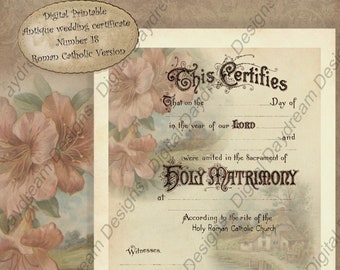 Printable Wedding Marriage Certificate Instant Digital Download No 18 Vintage Wedding Gift Shower Gift Wedding Keepsake Roman Catholic