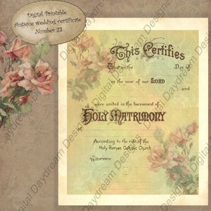 Wedding Certificate Marriage Certificate Printable  Instant Download No 23 Vintage Wedding DIY Wedding Gift Shower Gift Roman Catholic