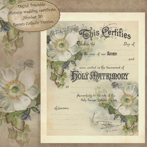 Certificado de boda imprimible Certificado de matrimonio Descarga instantánea No 20 Vintage Boda Digital Descargar DIY Regalo de boda Católica Romana