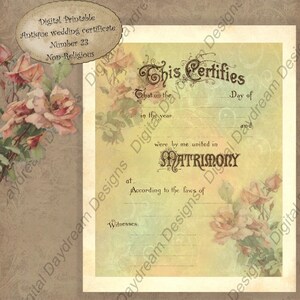 Hochzeitsurkunde Heiratsurkunde Printable Instant Download No 23 Vintage Hochzeit DIY Hochzeitsgeschenk Shower Geschenk Nicht-religiös