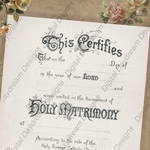 Viktorianischer Stil Printables Hochzeit Zertifikat Heiratsurkunde Sofortiger Download Nr. 8 Vintage Hochzeit Römisch-katholische Wortlaut