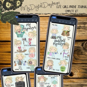 Hyperlinked Digital Tabbed Cute Girls Organizers Complete Set for iPhone, PDF, use in any notetaking app image 1