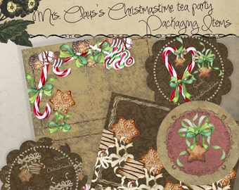 Kit de bricolage numérique imprimable de vacances Toppers Circle Stickers Tags Fête de Noël Nourriture Emballage cadeau Mme Claus’s Sweet Christmastime Tea