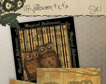 Printable Halloween Vintage 4 x 4 16 Images vacances feuille de Collage pour verres bannières Mini Wall Art instantané téléchargement numérique Tags coffret 1