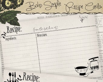 4x6 Printable Recipe Cards, Boho Simple, Bridal Shower Kitchen Printables - Instant Download Digital Cooking Printable Gifts for Cooks