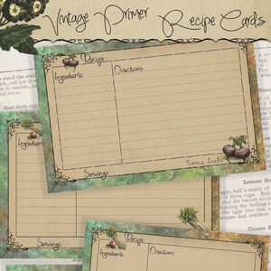May include: Four vintage recipe cards with a green and brown floral design. Each card has a section for ingredients, directions, servings, and some beets. The cards are perfect for recording your favorite recipes.
