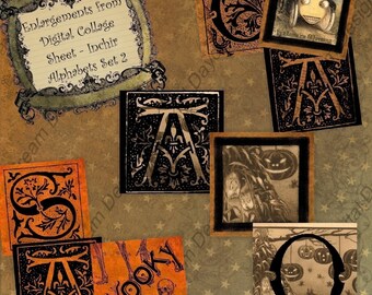 May include: A digital collage sheet with Halloween themed alphabet letters. The letters are in a vintage style with ornate designs and are set against a brown background with stars. The text on the sheet reads "Enlargements from Digital Collage Sheet - Inchir Alphabets Set 2".