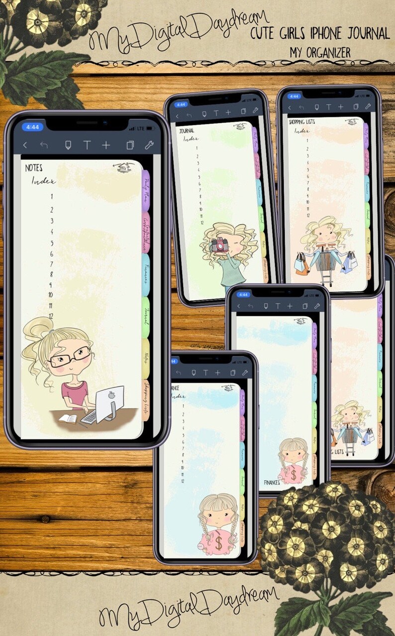 Hyperlinked Digital Tabbed Cute Girls Organizers Complete Set for iPhone, PDF, use in any notetaking app image 9